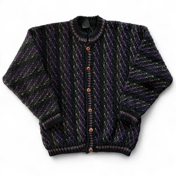 Vintage Chunky Hand Knit Striped Cardigan Sweater Black Purple Grandpa L Preppy - Picture 2 of 11